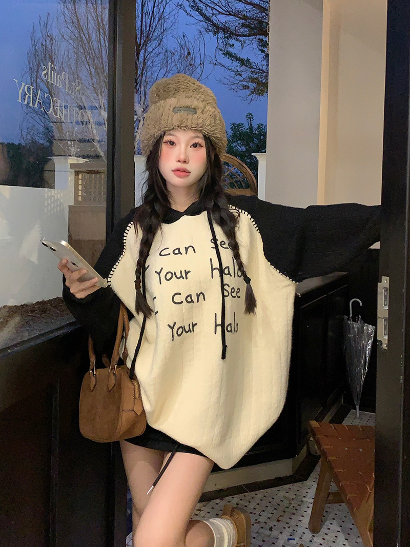 Real shot of niche design soft waxy sweater autumn and winter loose lazy style hooded knitted top