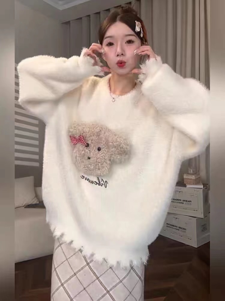 卡通毛絨小熊圓領套頭毛衣女秋季寬鬆軟糯慵懶針織上衣