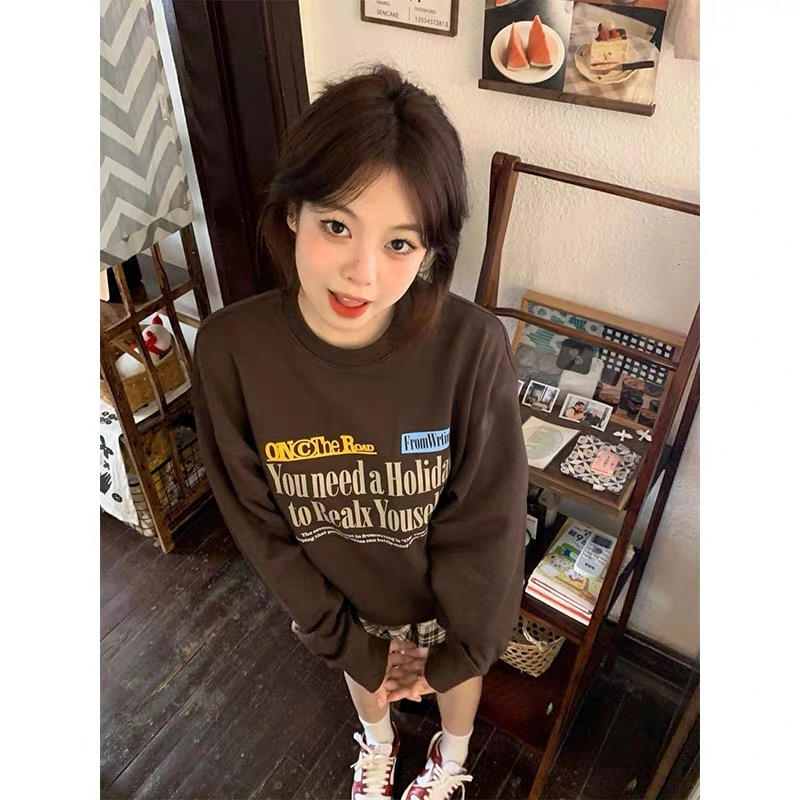 美式hiphop潮牌字母印花圓領衛衣女春秋款寬鬆無帽小個子長袖上衣