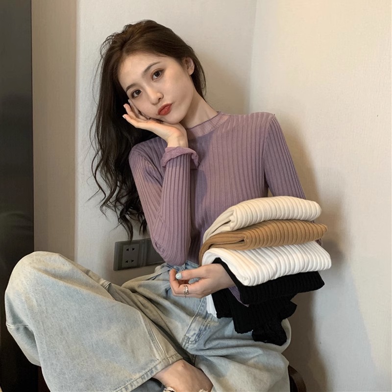 秋冬季性感顯瘦網紗拼接毛衣半高領打底洋氣蕾絲針織上衣女設計感