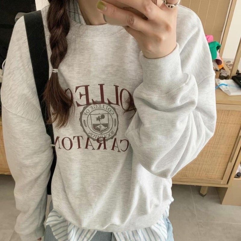 加絨美式復古oversize圓領衛衣女春秋小個子上衣外套
