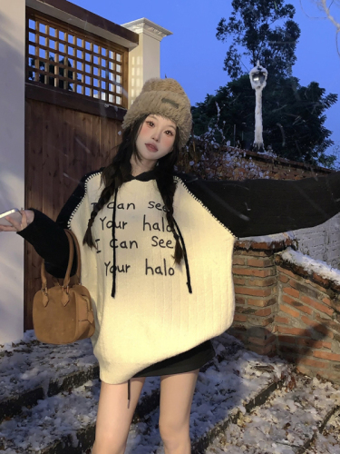 Real shot of niche design soft waxy sweater autumn and winter loose lazy style hooded knitted top
