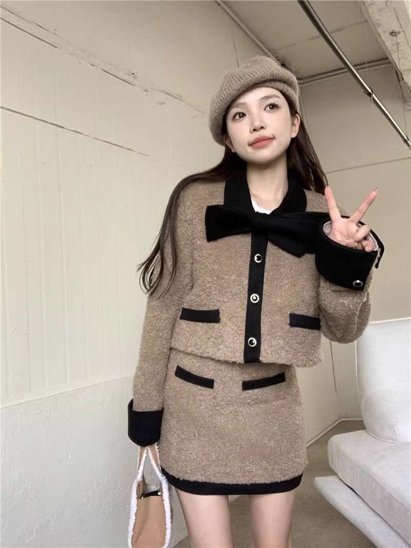 小香風蝴蝶結短款長袖毛呢外套高腰半身裙女秋冬2023新款時尚套裝