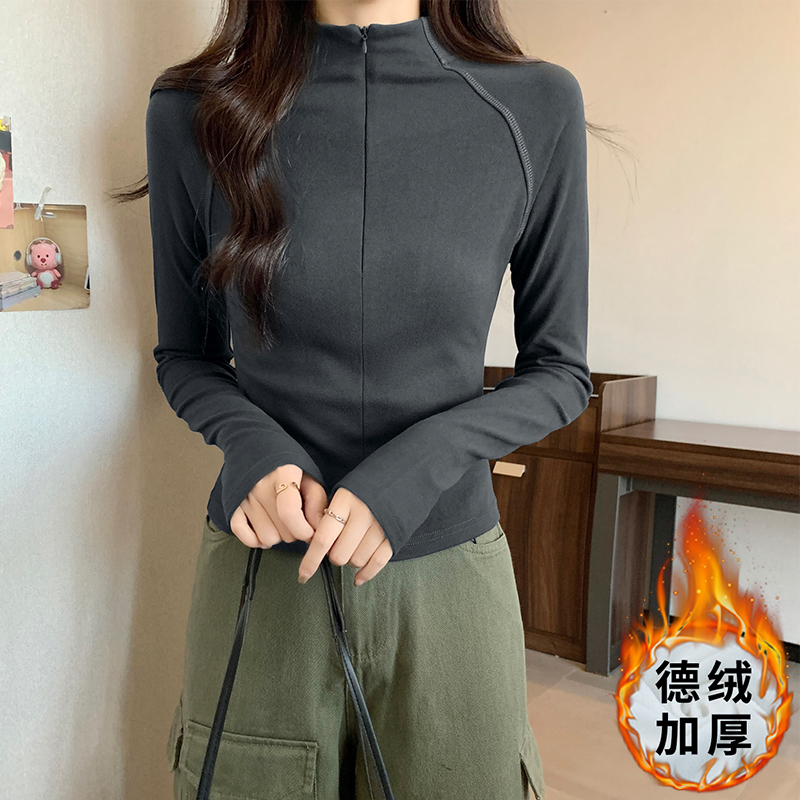 實拍德絨加厚半高領打底衫女秋冬季插肩長袖拉鏈修身短款上衣