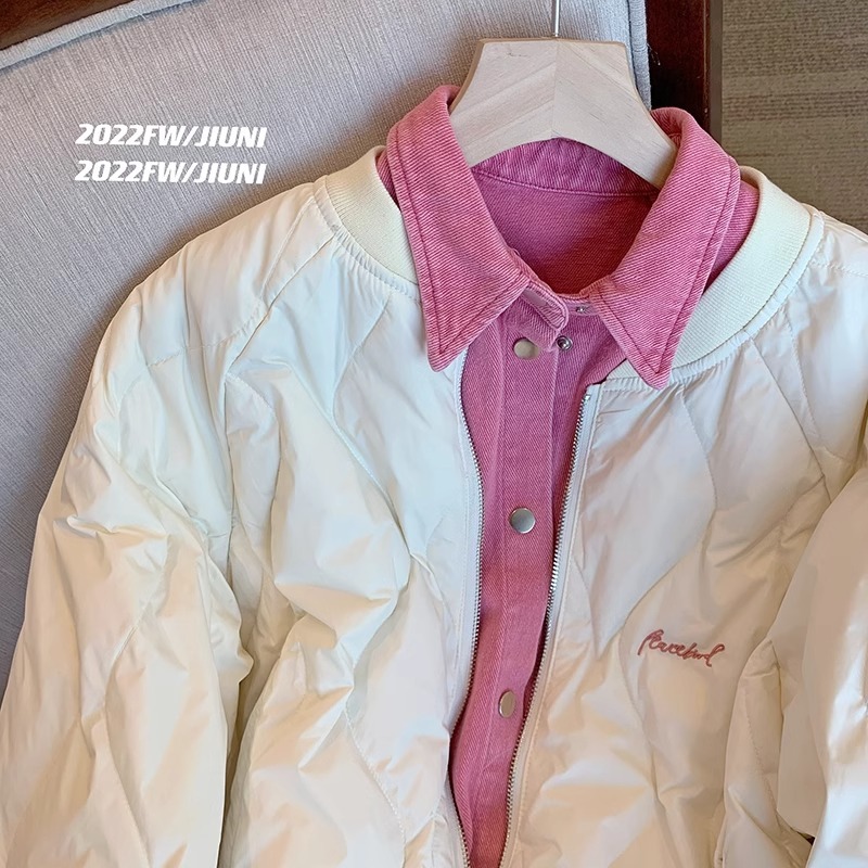 2023 new autumn and winter design niche detachable quilted jacket contrasting color denim splicing fake two-piece cotton jacket for women