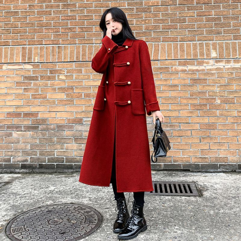 Quality / quilted lining, large size fat girl red woolen coat winter 200 pounds Hepburn style mid-length