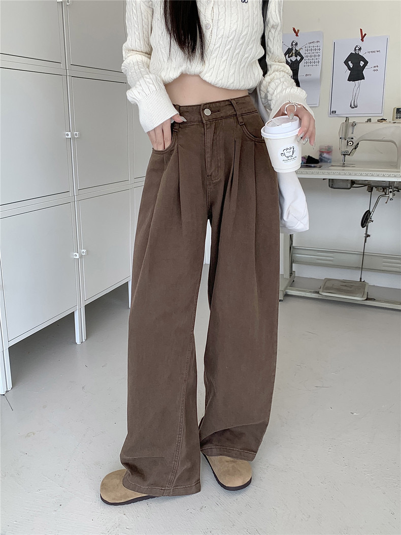 美拉德風褶皺牛仔闊腿褲女裝高腰顯瘦直筒褲秋季拖地褲子