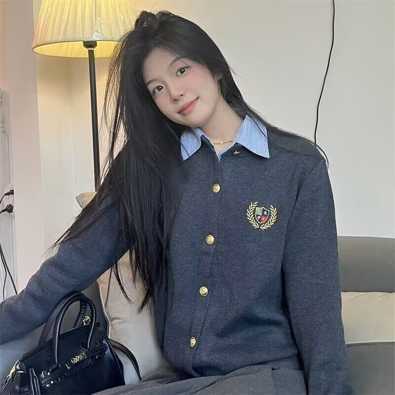 英倫風羊絨開衫女圓領春季學院刺繡金屬扣寬鬆羊毛針織衫毛衣外套