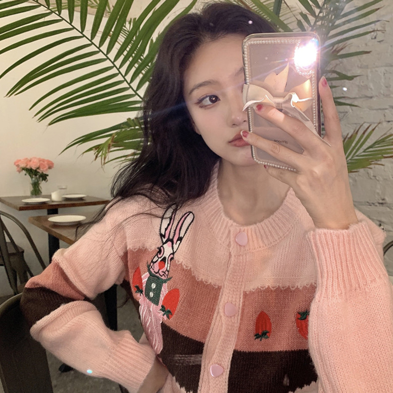 粉色毛衣女設計感小眾早春洋氣學院風小個子針織開衫百搭外套