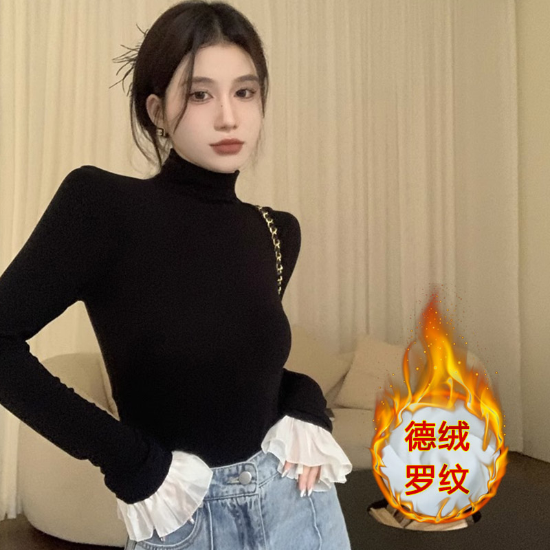 設計感小眾秋冬新款法式高領長袖黑色打底衫t恤女內搭修身上衣潮