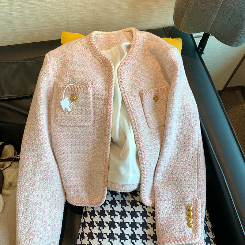 粉色富家千金名媛小香風外套女2023新款秋冬短款高級感精緻氣質