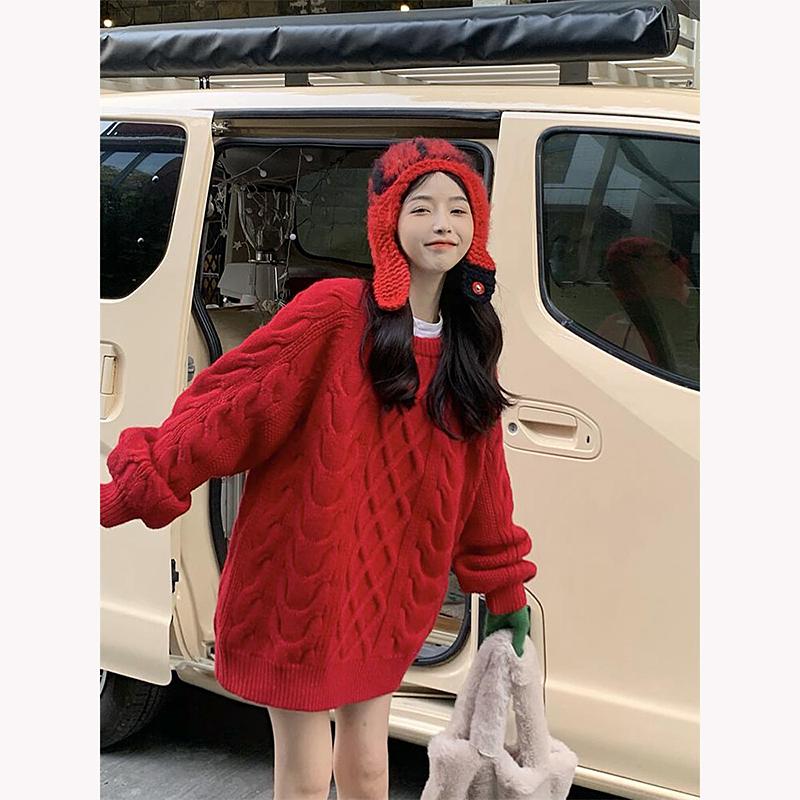 New Year's Red Loose Sweater Women's 2023 Autumn and Winter Soft and Waxy Pullover Cable Korean Style Lazy Style Knitted Top for Outerwear