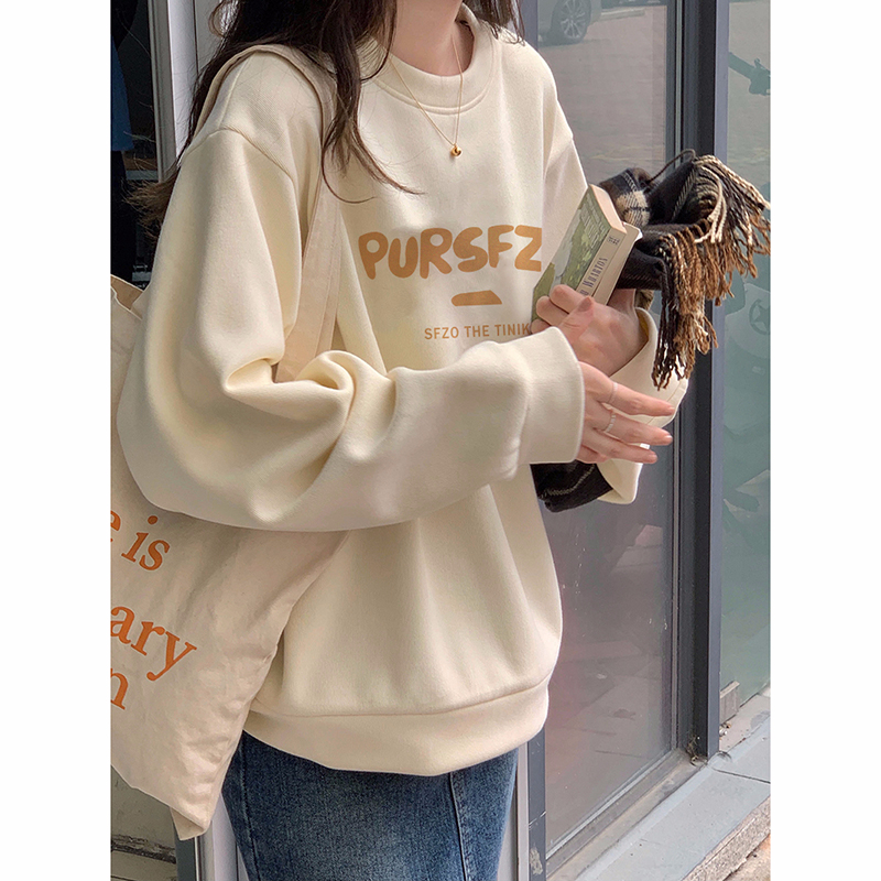Internet celebrity new large sweatshirt round neck autumn and winter velvet thickened letter print loose sweatshirt for women