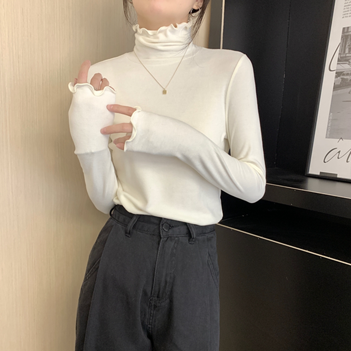 Real shot of autumn and winter Korean style slim-fit fungus hem collar German velvet brushed inner warm base T-shirt