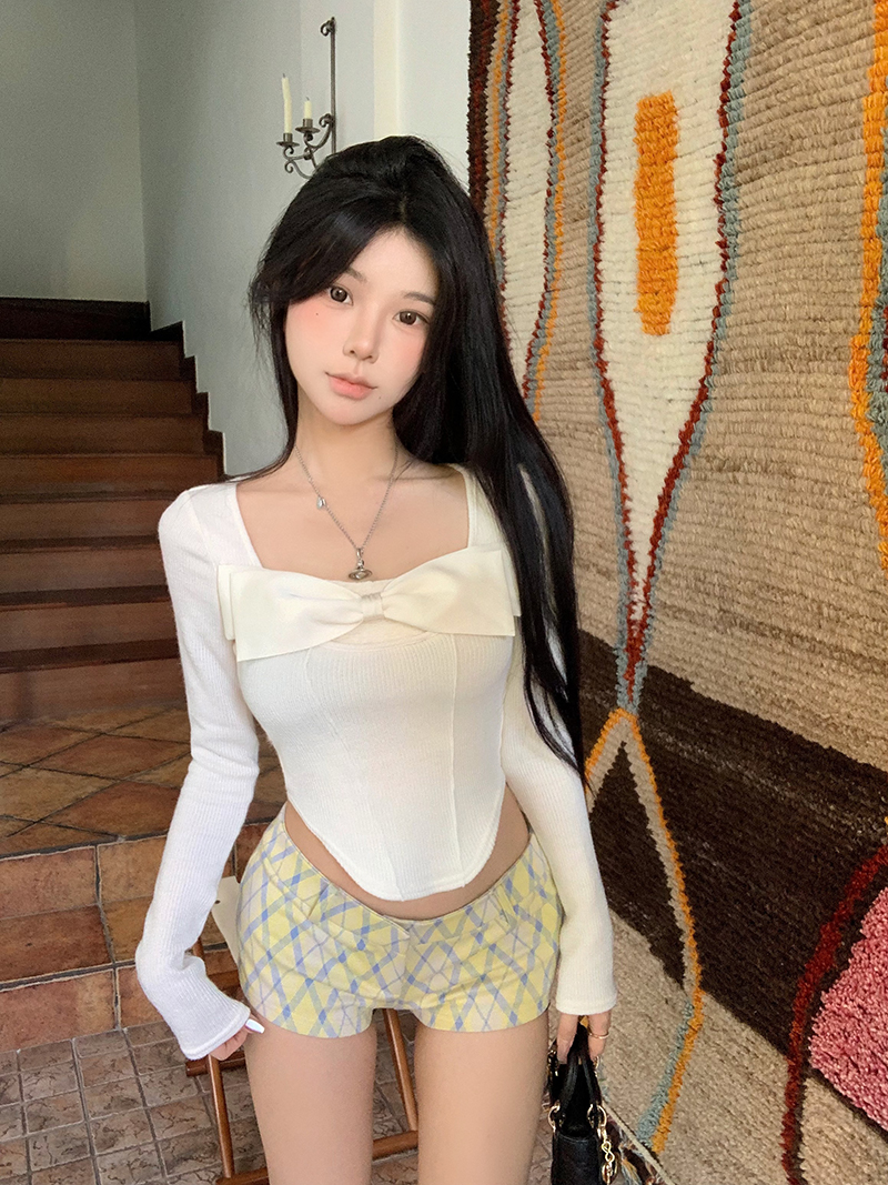 實拍大蝴蝶結肌理面料針織衫女薄款修身顯瘦上衣
