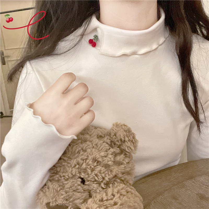 德絨 半高領長袖t恤女秋冬設計感小眾慵懶內搭修身打底衫上衣