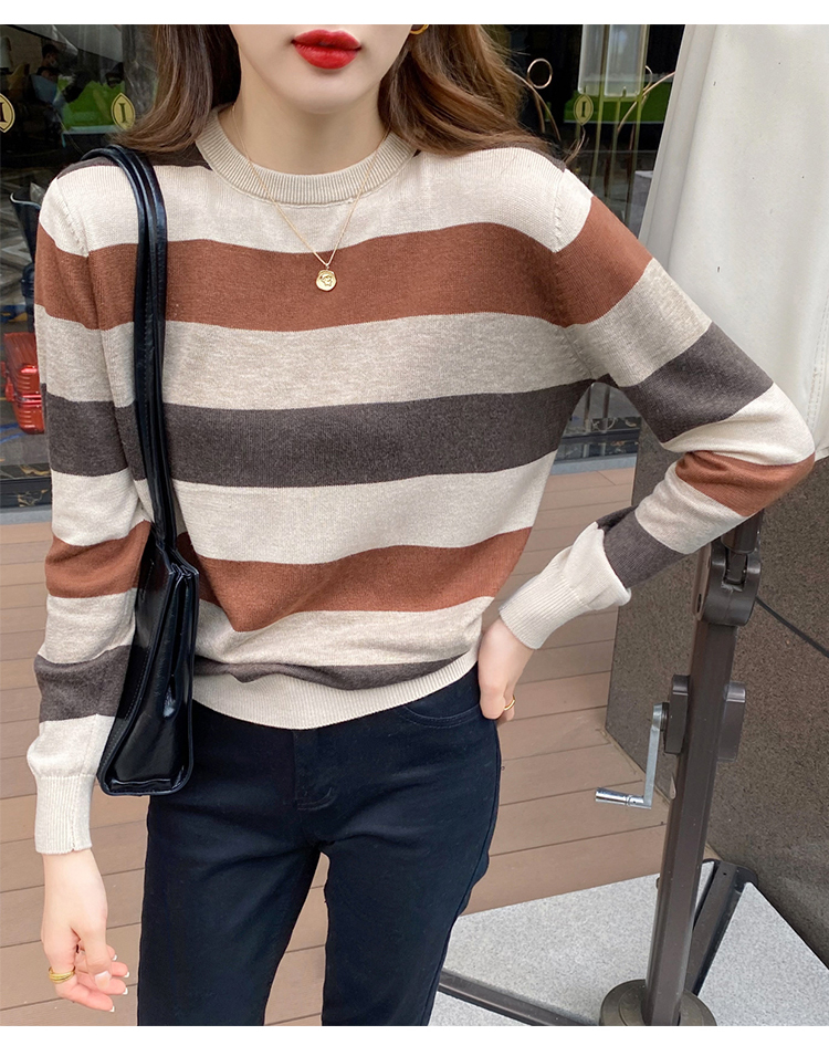 條紋打底衫女春秋冬薄款內搭2023新款寬鬆毛衣針織衫長袖早秋上衣