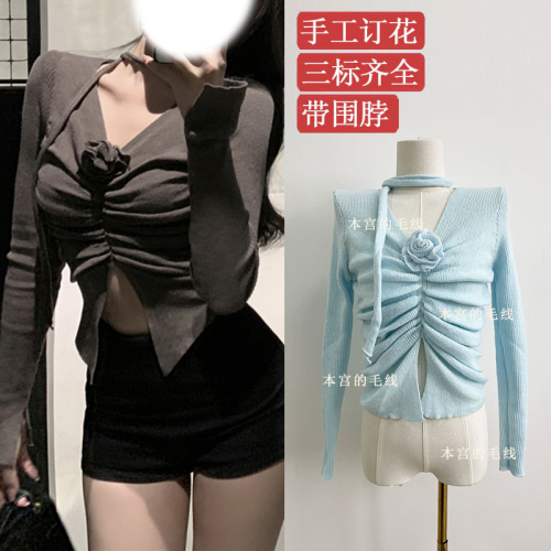  new autumn style hand-ordered retro sweet design three-dimensional flower pleated slim-fitting top with scarf