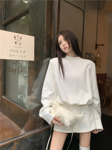 Actual shot ~ Large size design high collar loose long sleeve sweatshirt for women high waist A line skirt suit autumn and winter trend