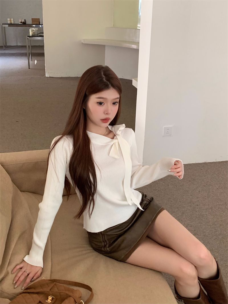 實拍 秋冬新款法式優雅氣質赫本綁帶領針織衫女撞色套頭毛衣
