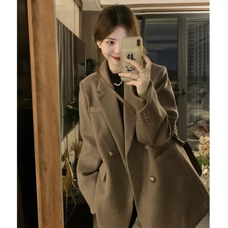 High-end suit woolen coat for women 2023 autumn and winter new style retro small person loose thickened woolen coat