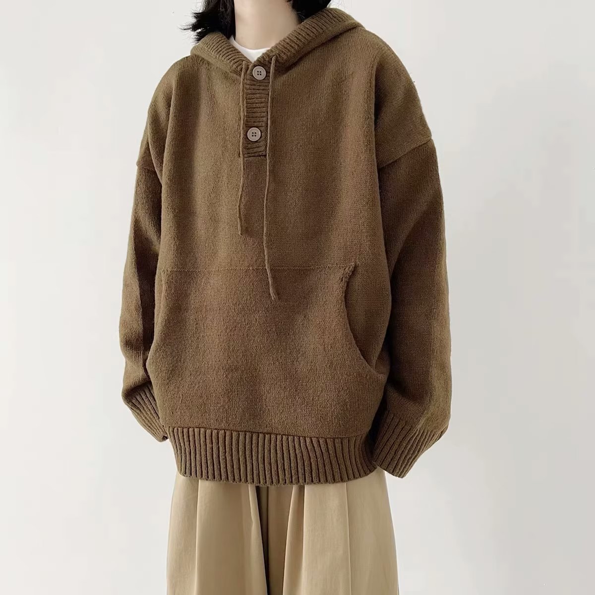秋冬日系復古寬鬆咖色連帽毛衣女情侶休閒百搭套頭針織衫外套潮