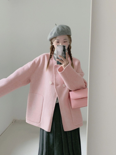 High-end large pocket mid-length pink woolen coat for women autumn and winter new Korean style loose and versatile woolen coat