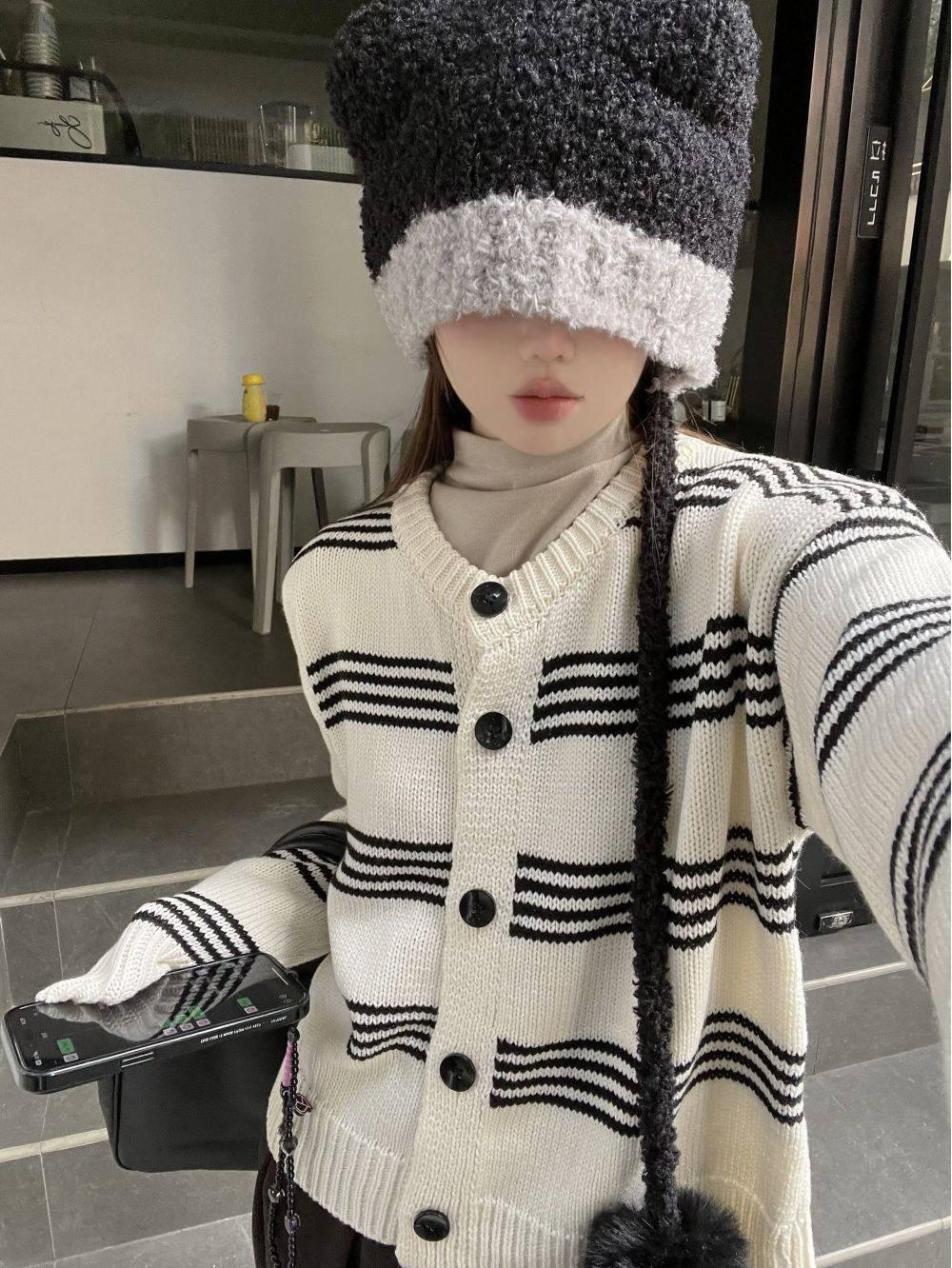 Actual shot of three standard loose round neck commuting casual versatile striped sweater cardigan jacket for women