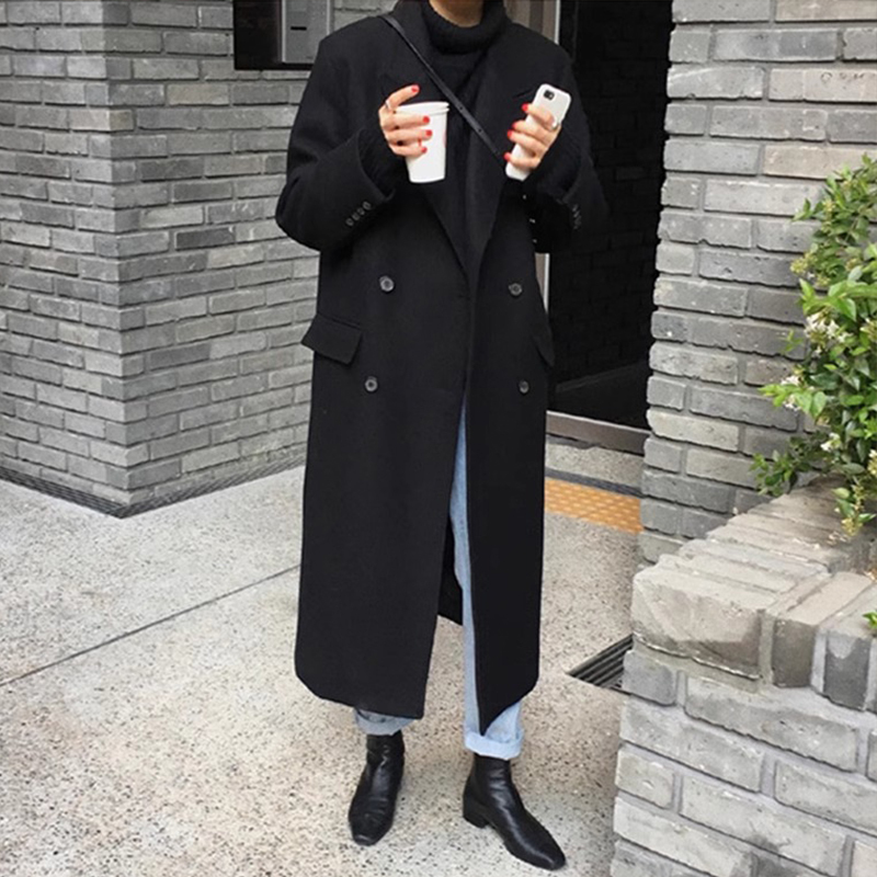 Hepburn style long black woolen coat for women autumn and winter 2023 new Korean style lazy style suit style woolen coat
