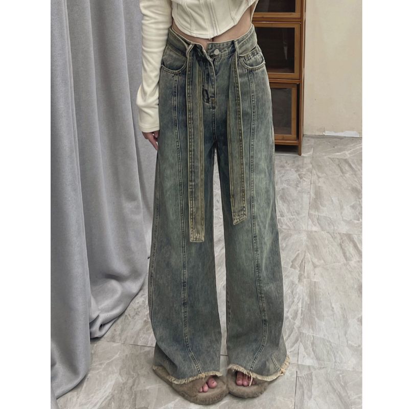 美式復古做舊毛邊直筒牛仔褲女小個子高腰顯瘦垂感闊腿長褲潮