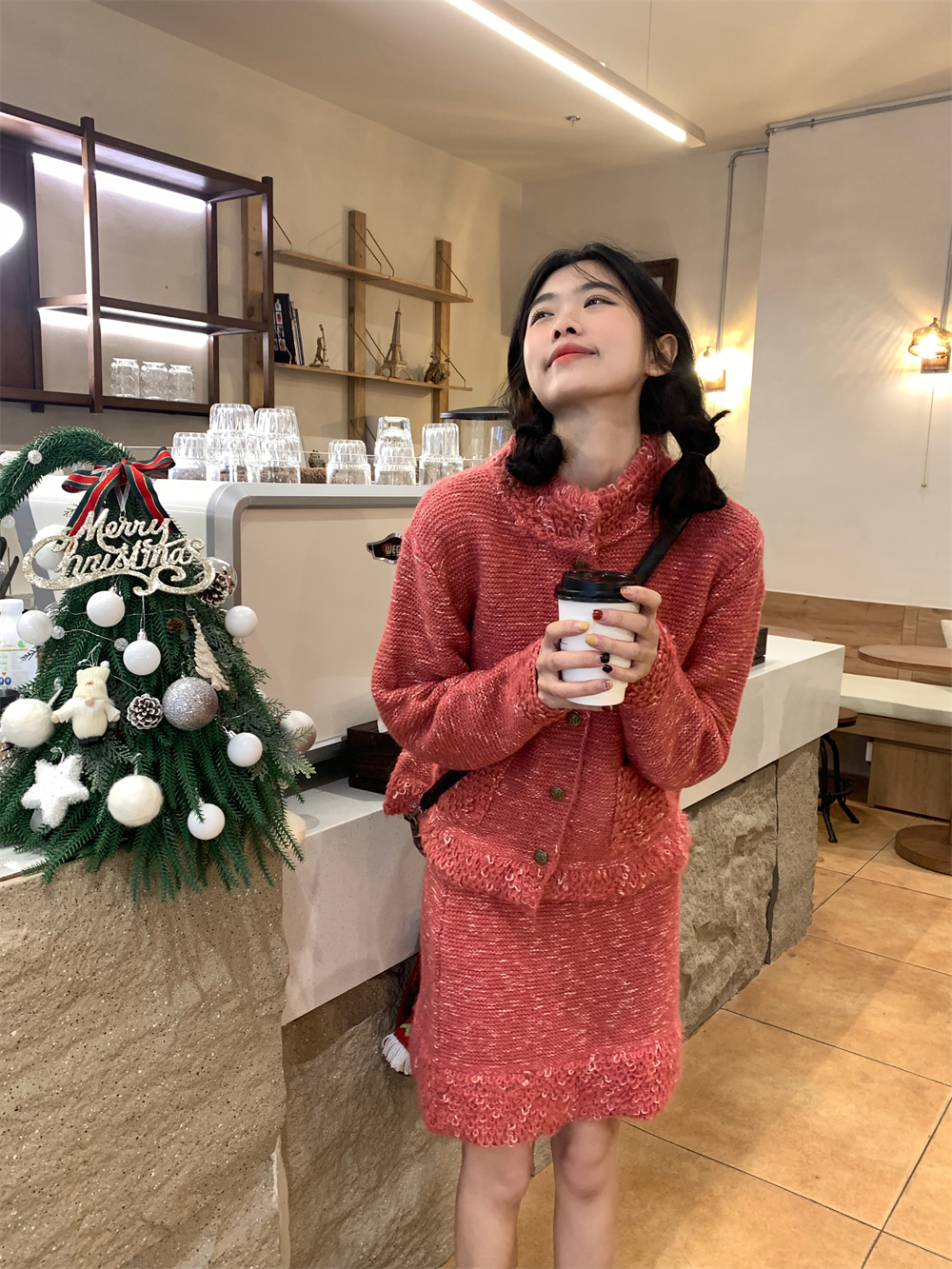 實拍秋冬甜美聖誕穿搭套裝重工蜜桃粉毛衣上衣針織兩件套