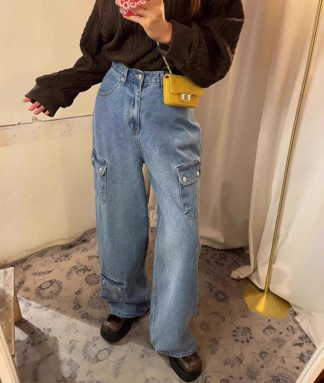 高腰口袋工裝風闊腿牛仔褲女