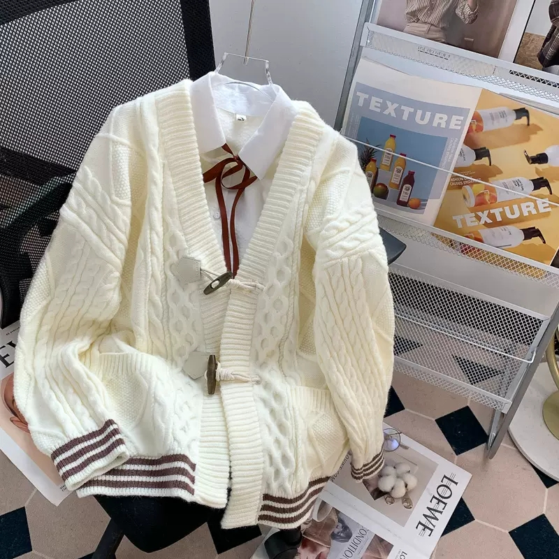 高質量牛角扣毛衣外套女秋冬外穿寬鬆慵懶風洋氣麻花針織開衫