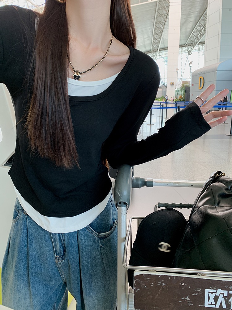 曾小咸 假兩件初秋女上衣2023年新款設計感修身打底短款長袖T恤
