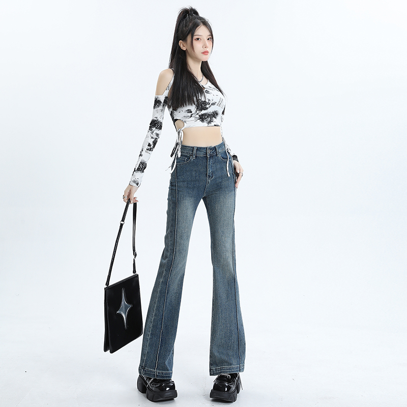 實拍2024早秋新款微喇叭牛仔褲女辣妹高腰顯瘦修身彈力拖地褲