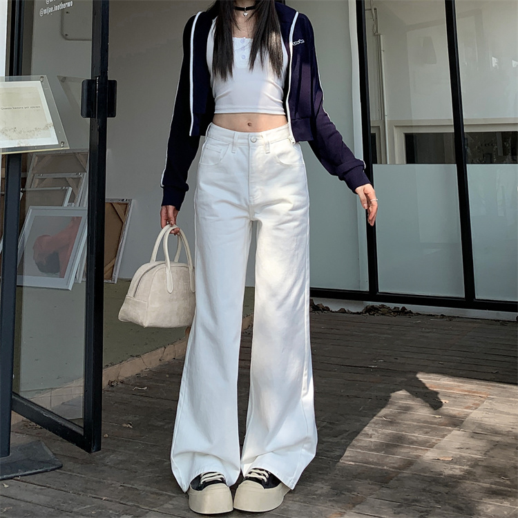 實拍 白色寬鬆遮胯牛仔褲長褲百搭直筒褲拖地褲女