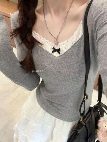 DeRong autumn and winter lace splicing bottoming shirt new outer wear long-sleeved T-shirt women's top