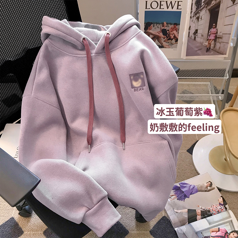 2023秋冬新款卡通可愛刺繡加絨連帽衛衣女減齡長袖上衣外套