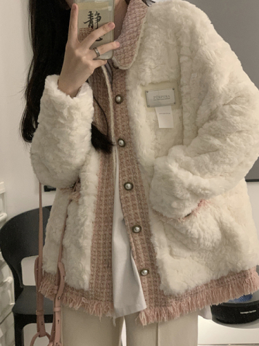 Eco-friendly fur autumn and winter new style pink small fragrance splicing high-end lamb wool coat women's short cotton coat rabbit velvet