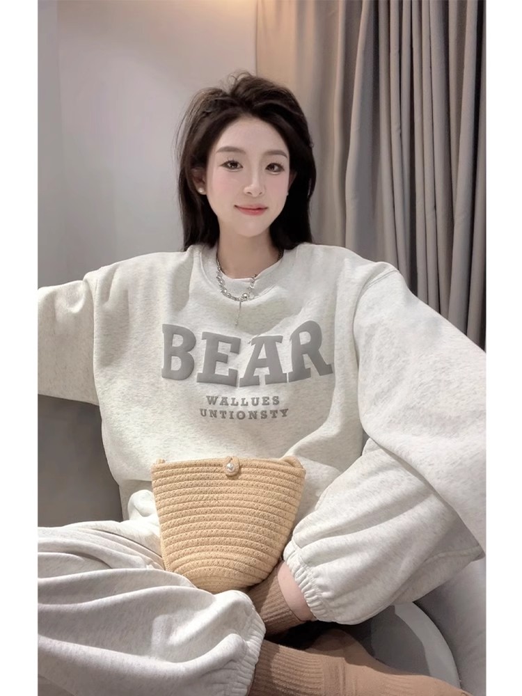 美式復古慵懶風女冬季2023新款寬鬆圓領加絨衛衣長袖上衣中長款