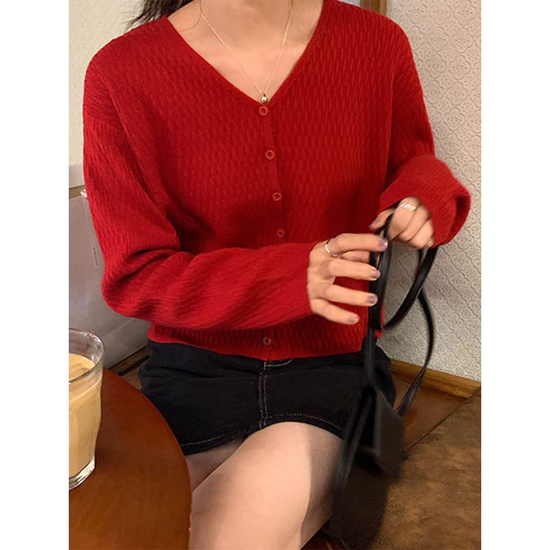 實拍2023聖誕新年紅色甜美氣質V領針織開衫2023秋冬打底上衣女
