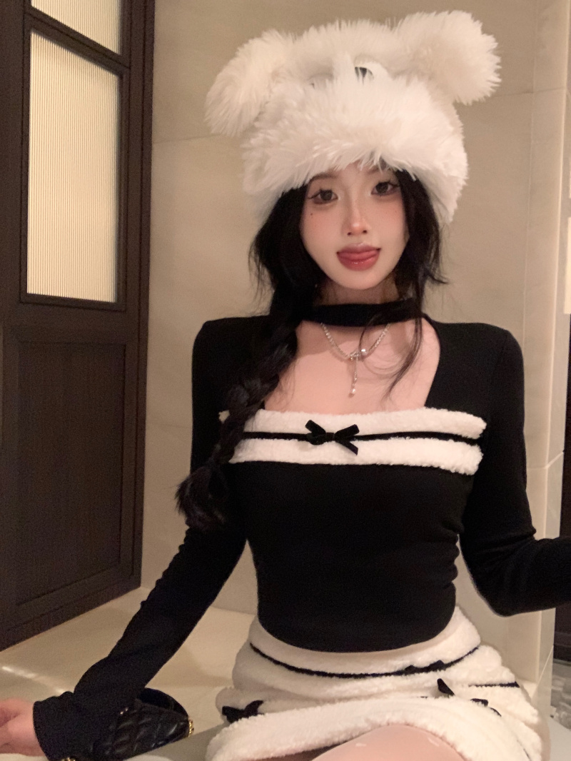 實拍 聖誕甜辣風包臀套裝裙女冬季羊羔毛拼接打底針織衫半裙