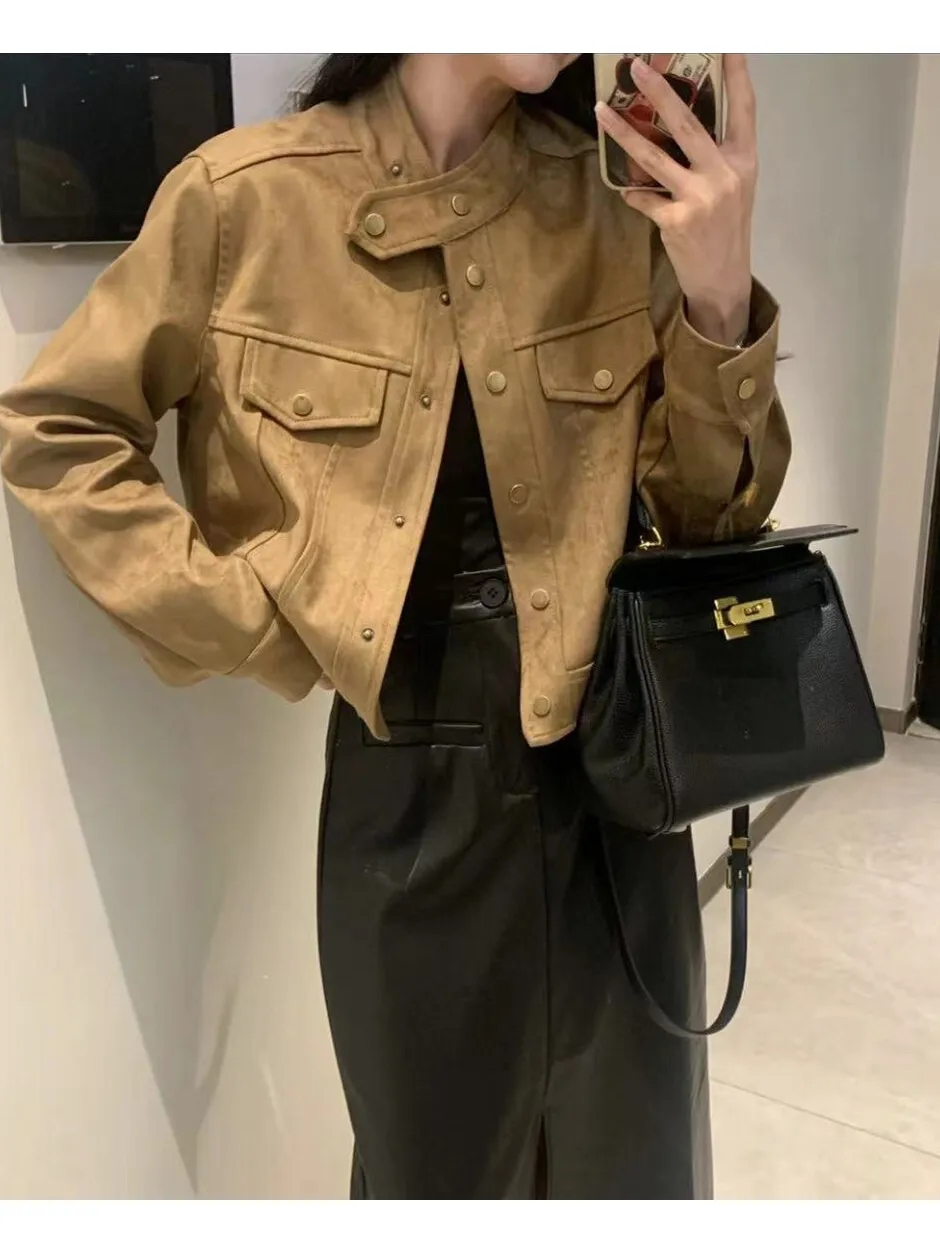 Suede autumn and winter new Korean style design leather jacket women's loose and slim short long-sleeved jacket trendy top