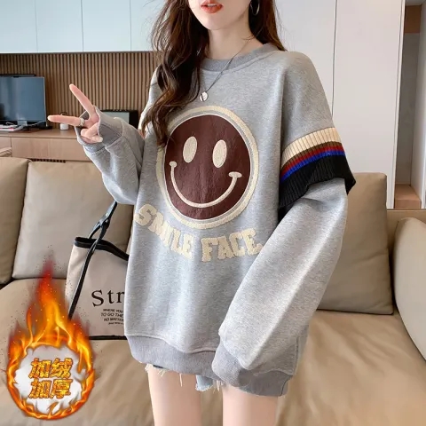 實拍新款衛衣加絨加厚毛巾刺繡寬鬆圓領衛衣女潮