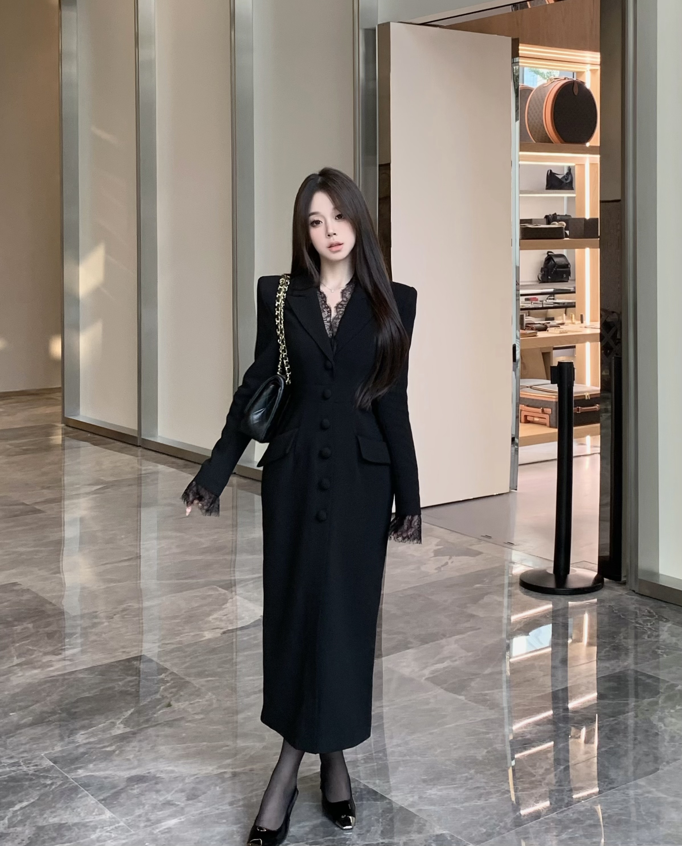 Women's lace V-neck lapel single-breasted waist pocket mid-length slit suit skirt looks slim