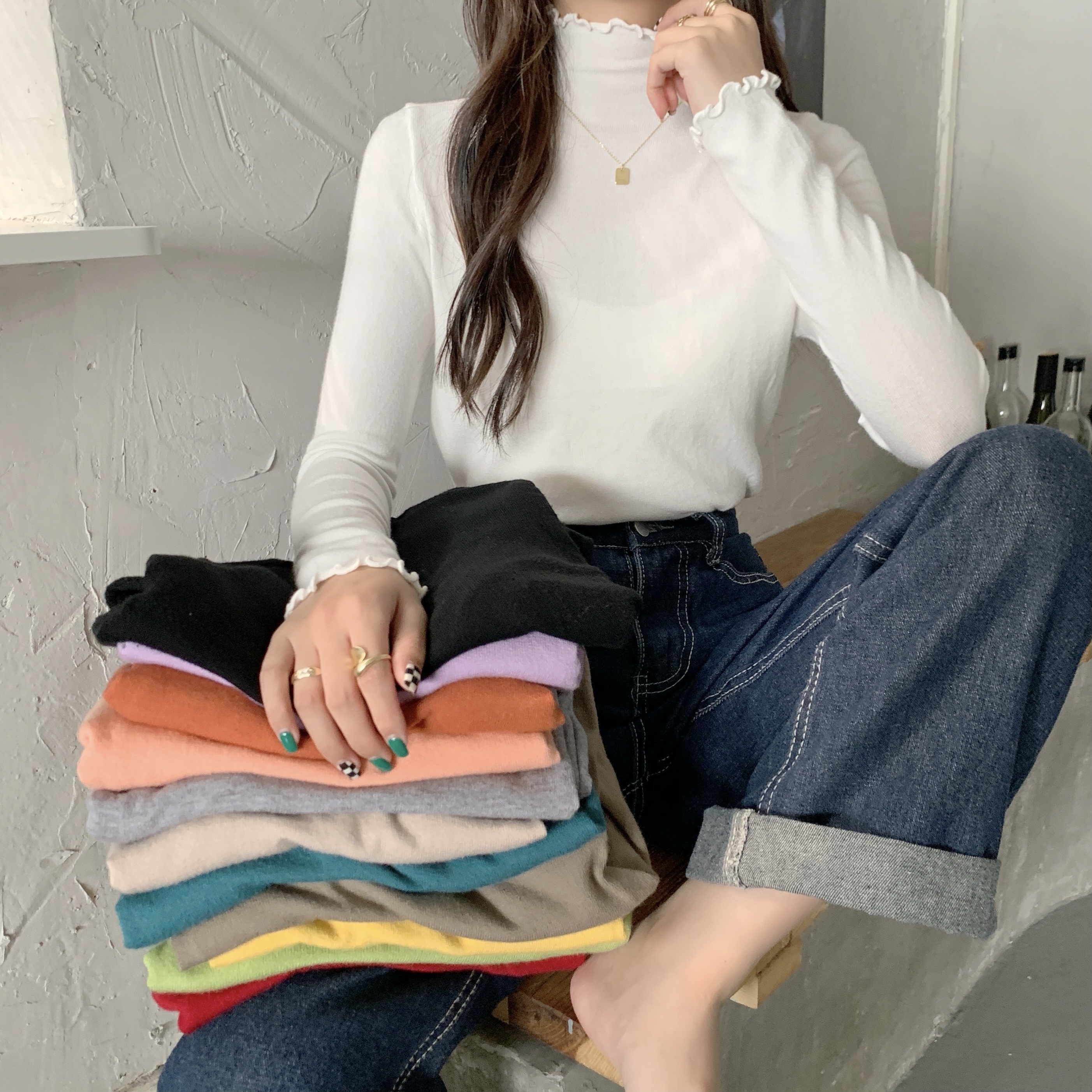 實拍 秋冬新款包芯紗木耳邊針織半高領套頭打底衫毛衣女