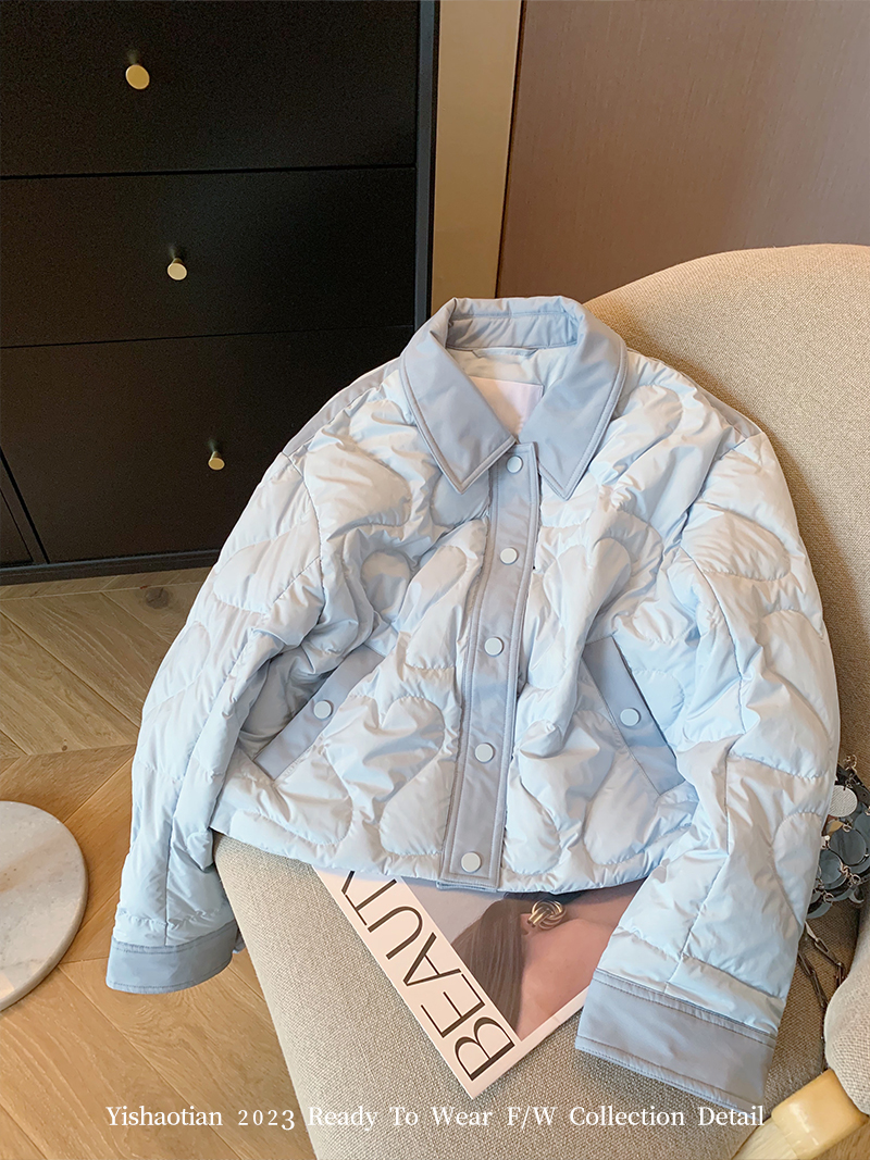 Blue Spliced ​​Lapel Padded Cotton Jacket for Women Autumn and Winter 2023 Design Fashion Versatile Warm Lightweight Cotton Jacket