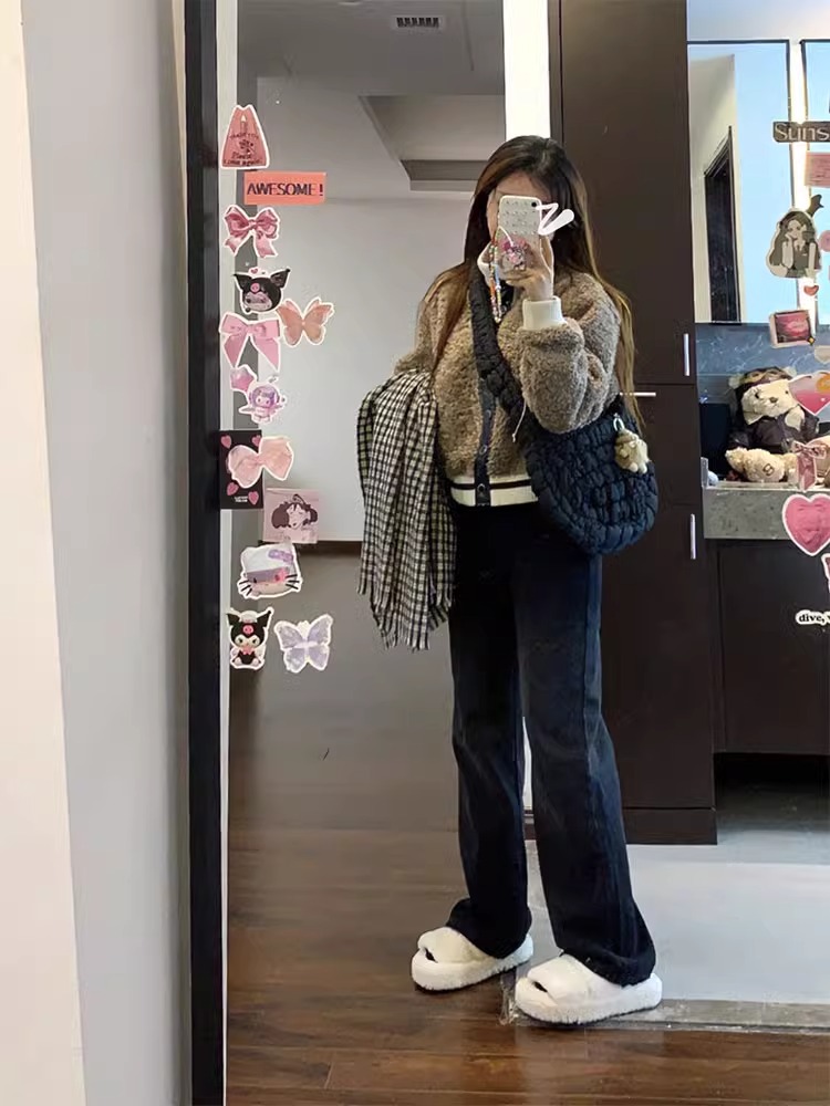 美式復古秋冬立領撞色短款羊羔毛外套女2023新款加厚百搭棒球服