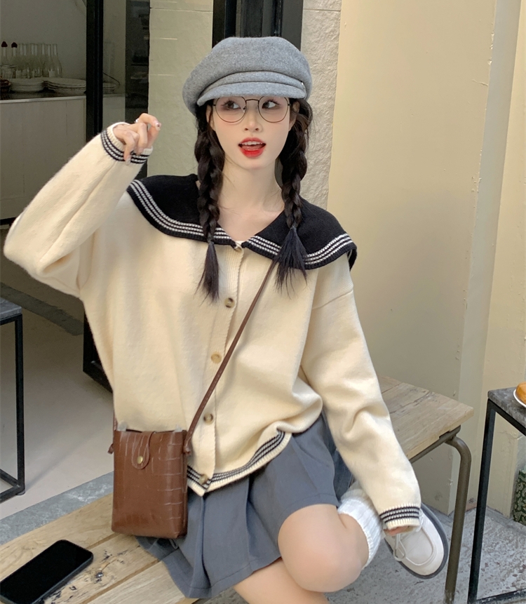 Actual shot of new autumn and winter style lazy style loose long-sleeved sweater navy collar knitted cardigan jacket women's top