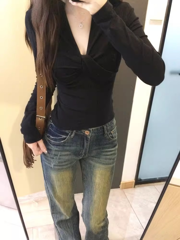 人棉莫代爾1X1隨心裁 辣妹V領黑色修身收腰緊身純欲長袖t恤上衣